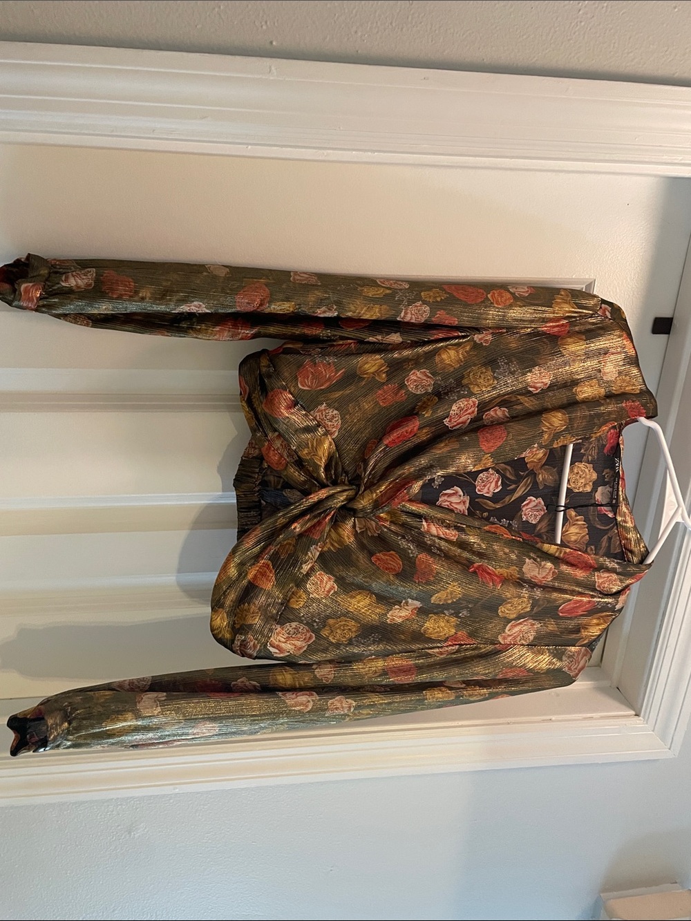 Zara Metallic Olive Floral Tie-Front Jacket